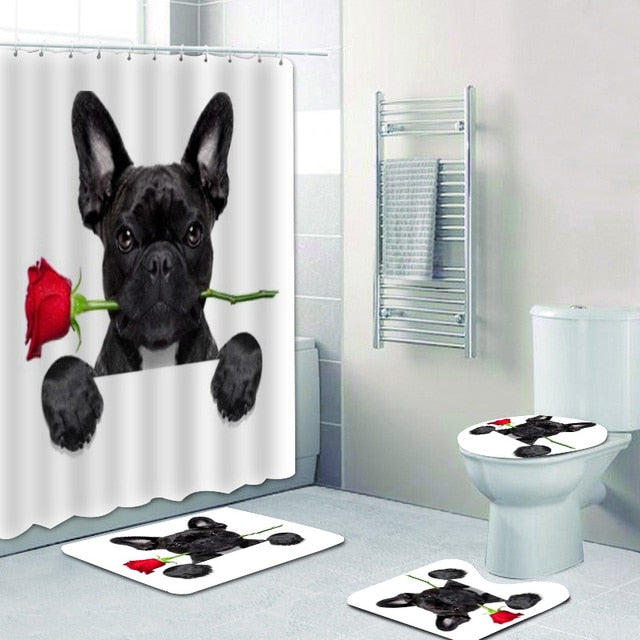 Red Rose French Bulldog 4-Piece Bath Set with Shower Curtain