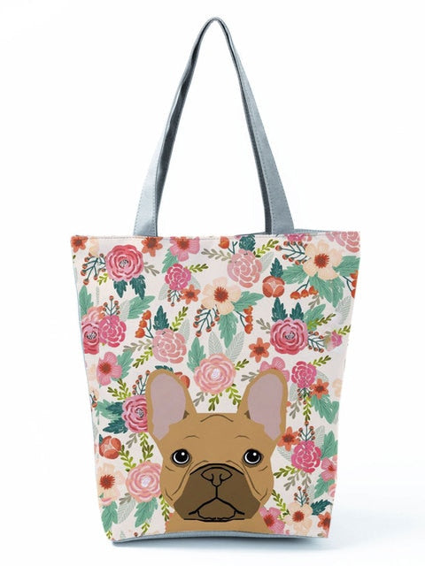 French Bulldog Floral Design Zip Top Shopping Bag